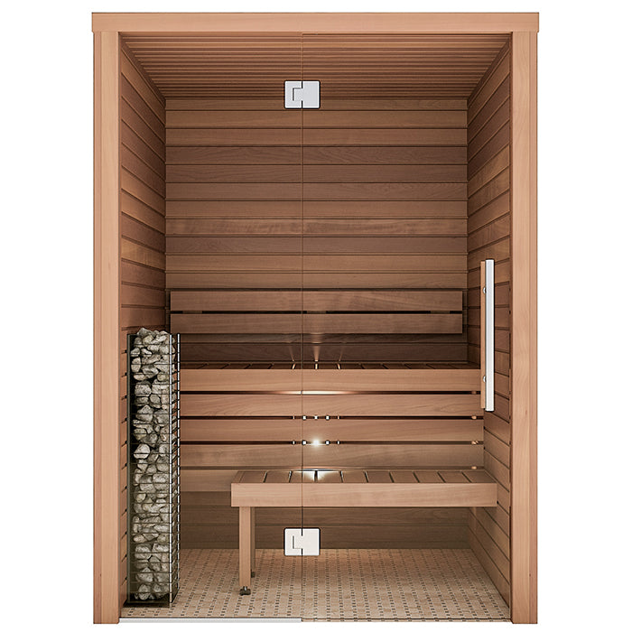 A sauna with glass door and a heater with stones inside.