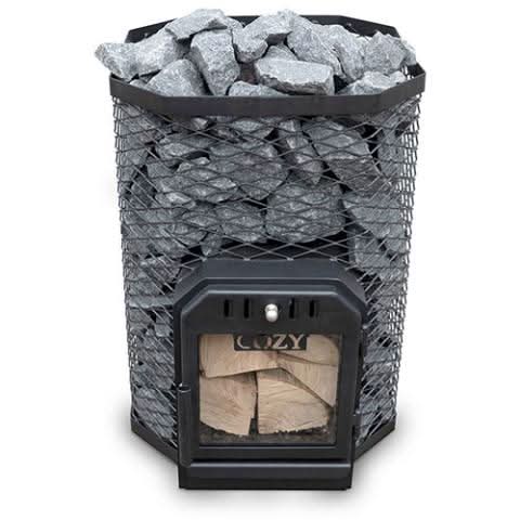 Front view of the Thru-Wall heater with firewood in the firebox