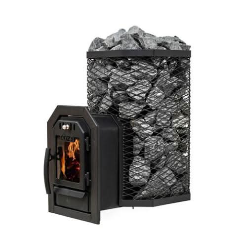 Cozy Heat Thru-Wall sauna heater with mesh stone cage and a lit firebox, angled view