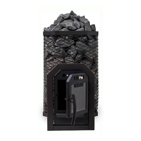 Front view of the Thru-Wall heater with the firebox door ajar