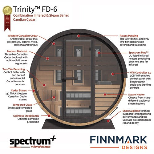 Finnmark Saunas Finnmark 4 Person FD-6 Cedar Traditional-Infrared  Barrel Sauna