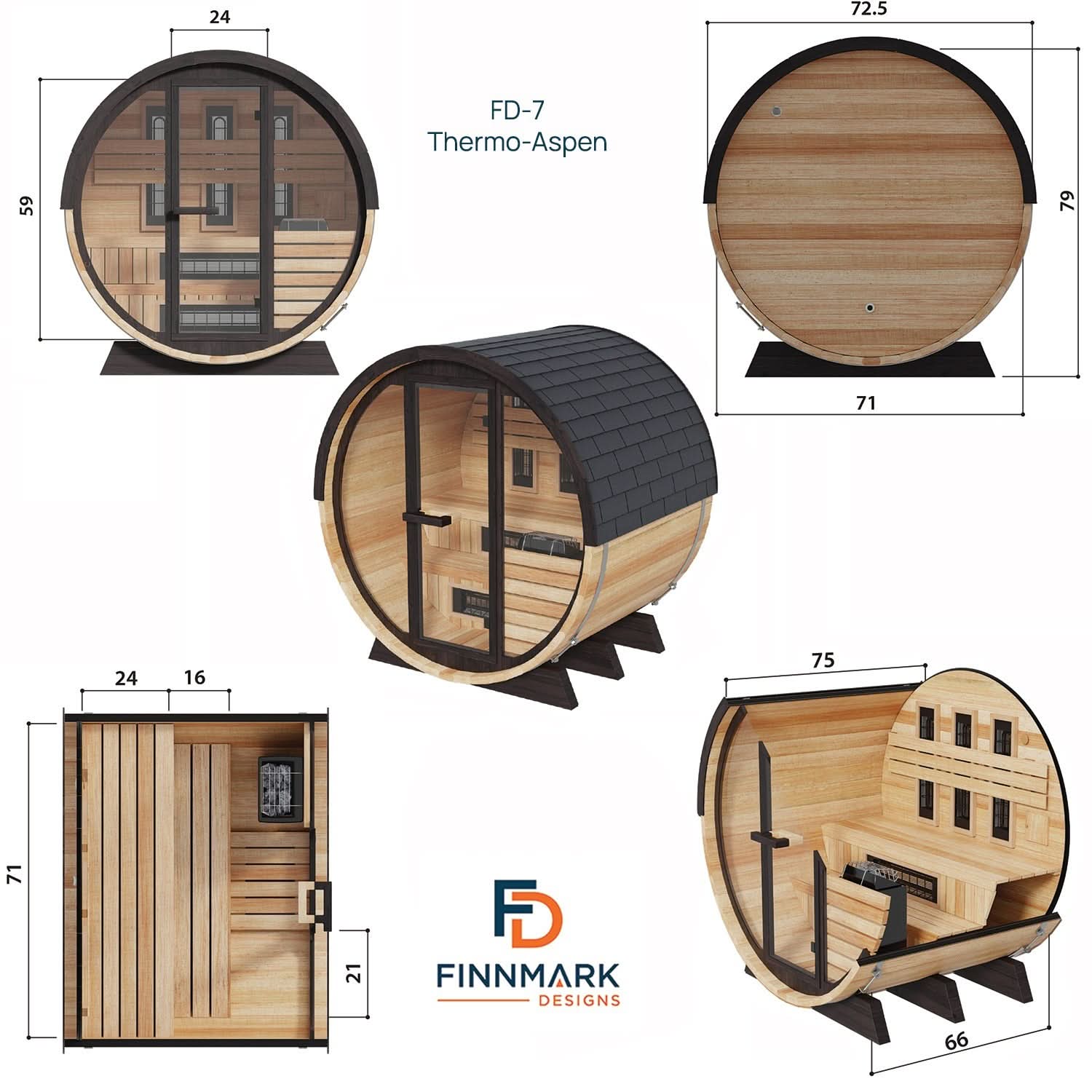 Finnmark Saunas Finnmark 4 Person FD-7 Thermo-Aspen Traditional-Infrared Barrel Sauna