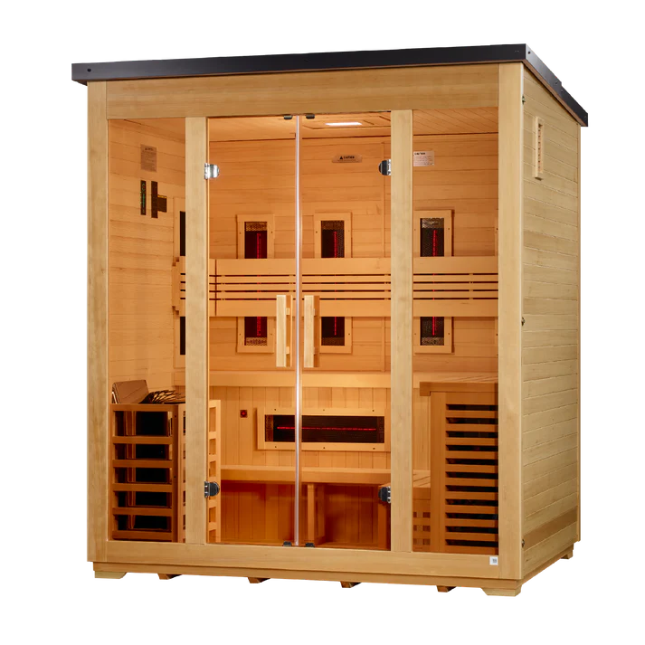 Golden Designs Saunas Golden Designs "Gargellen" 5 Person Hybrid (PureTech™ Full Spectrum IR or Traditional Stove) Flat Roof Outdoor Sauna (GDI-8025-01)