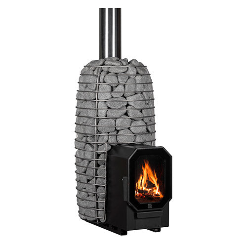 HUUM HIVE Flow Mini LS wood-burning sauna stove filled with stones, angled view