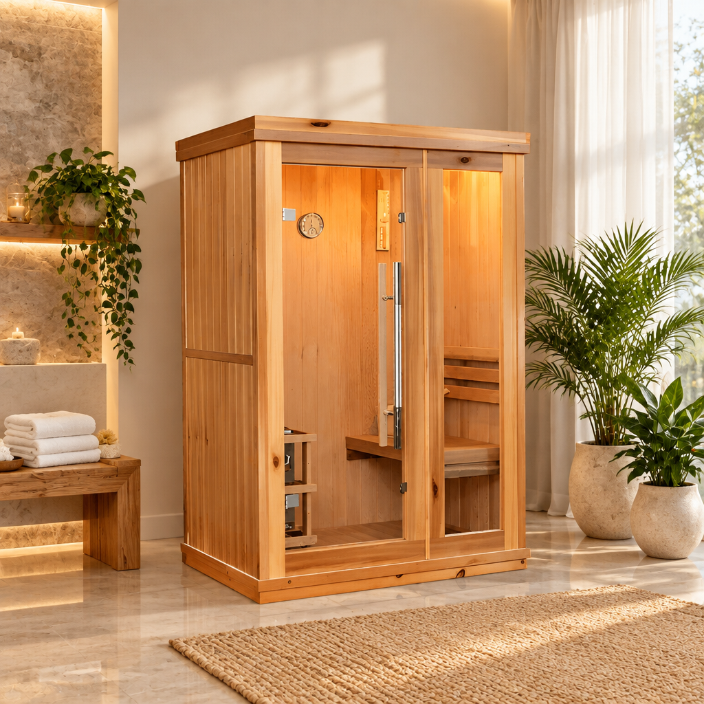 Wooden sauna in a room with a gray wall and decorative elements.