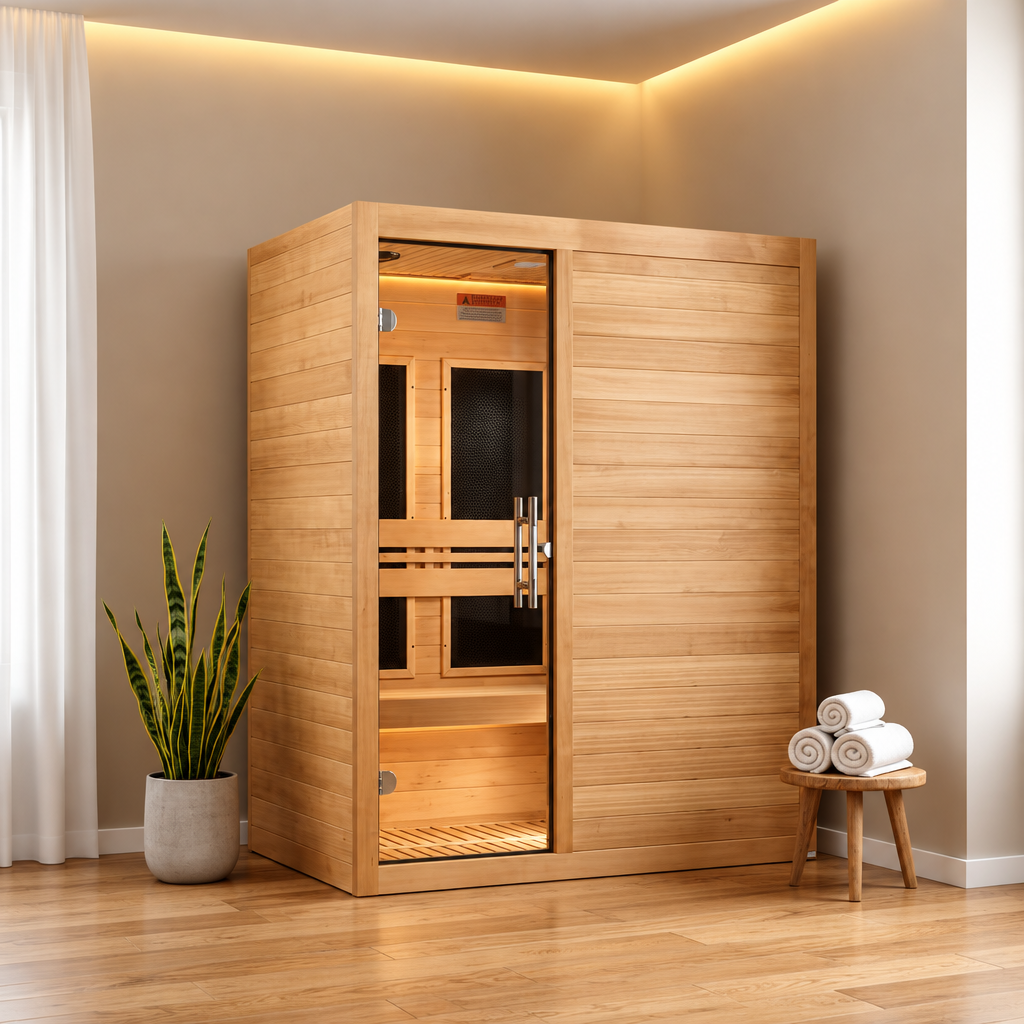 Maxxus S-Line 3-person infrared sauna in a softly lit living room