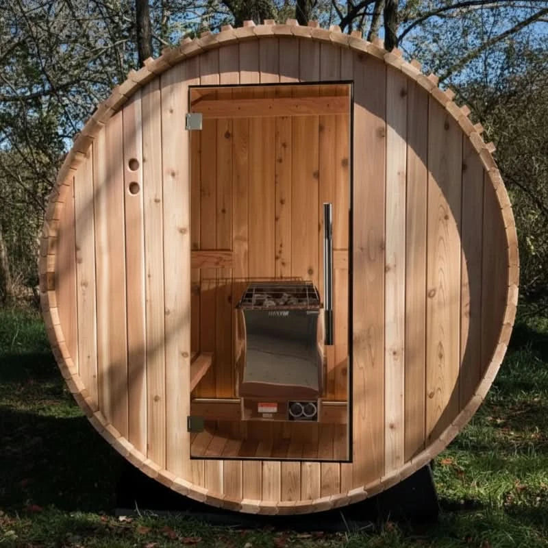 Almost Heaven Saunas & Hot Tubs Almost Heaven Pinnacle 4 Person Barrel Sauna & Almost Heaven Serenity 4 Person Wood Fired Hot Tub