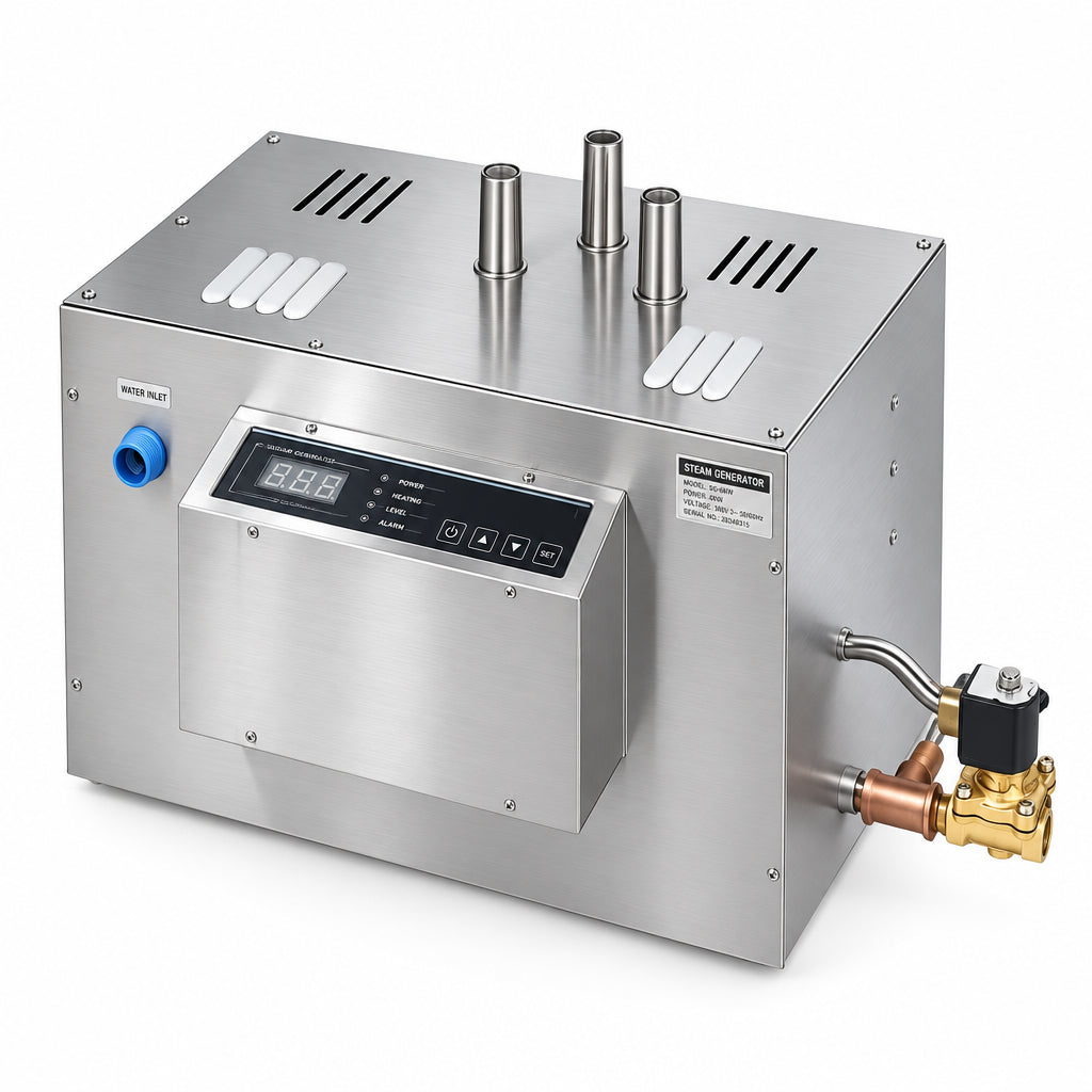 Studio view of the Pro-Series steam generator front panel and brass inlet valve