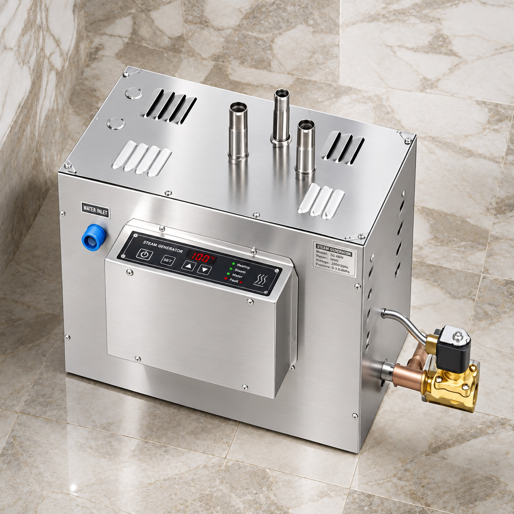 Steamcore Pro-Series stainless steel steam generator on a marble floor