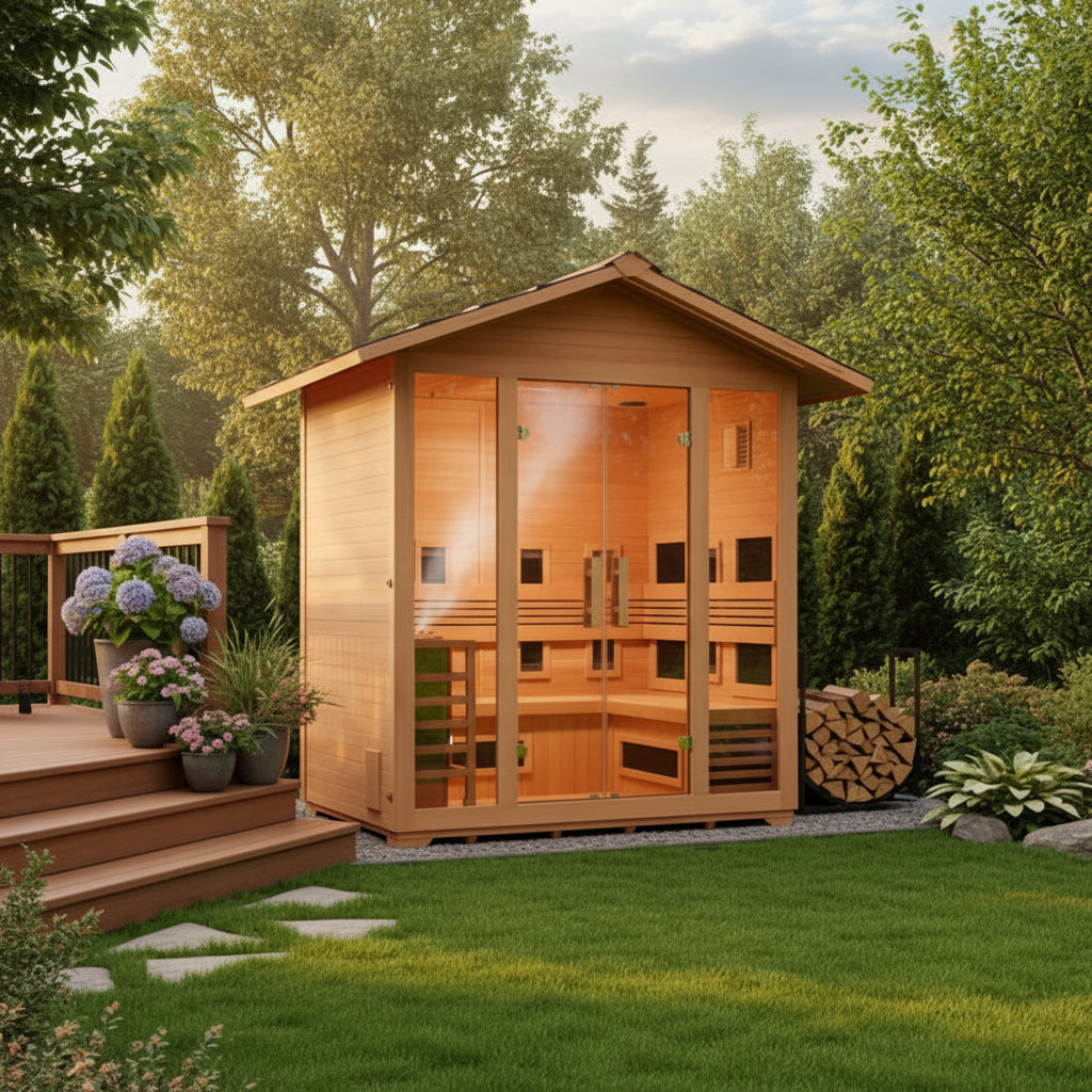 Golden Designs Saunas Golden Designs Gargellen 5 Person Hybrid (PureTech™ Full Spectrum IR or Traditional Stove) Outdoor Sauna (GDI-8125-01)