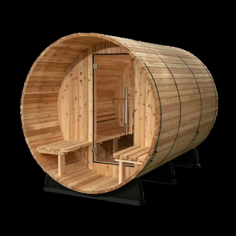 Almost Heaven 6′ x 5+2′ Fairmont 4-person Barrel Sauna