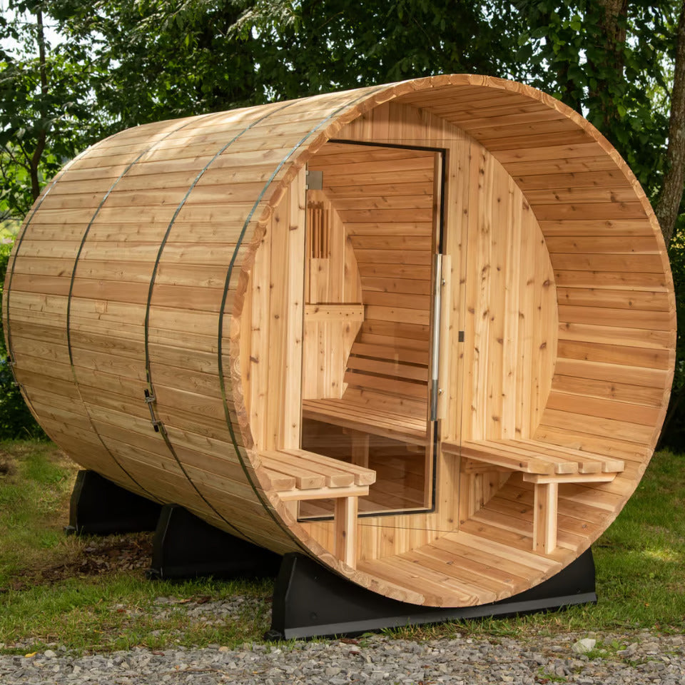 Almost Heaven 6′ x 5+2′ Fairmont 4-person Barrel Sauna