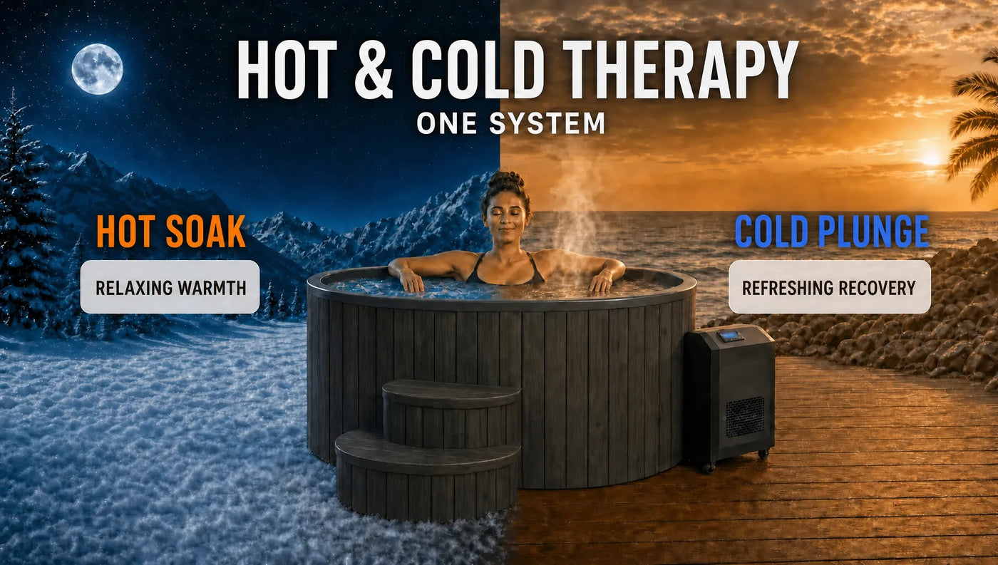 A hot tub with a small side heater, shown with a woman sitting inside. The background is split into two scenes: a snowy mountain landscape at night labeled 'HOT SOAK' and a beach sunset at day labeled 'COLD PLUNGE'.