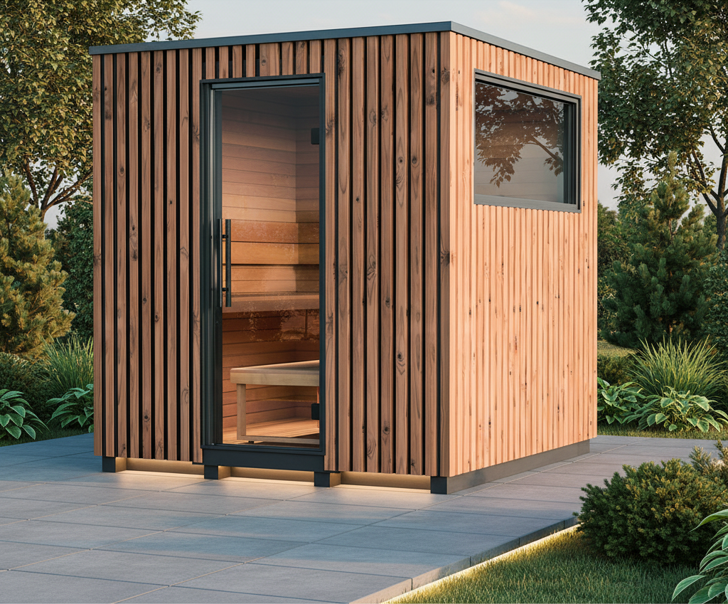 A modern wooden sauna cabin with a glass door and interior bench, shown on a paved patio outdoors with trees and shrubs around it. Auroom Saunas Auroom Garda 6 - Thermo Pine