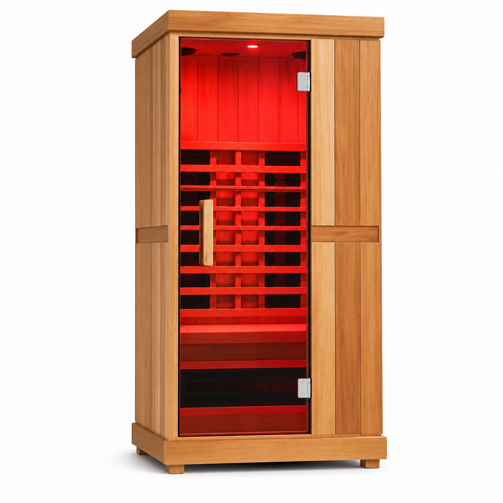 Finnmark FD-1 one-person infrared sauna with glass door and red interior light