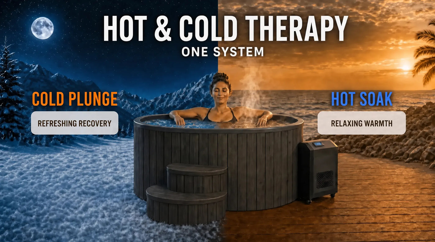 A hot tub with a small black heater beside it, shown in a split outdoor scene: snowy winter landscape on the left labeled 'Cold Plunge' and a beach sunset on the right labeled 'Hot Soak.' Large text at the top reads 'HOT & COLD THERAPY ONE SYSTEM.