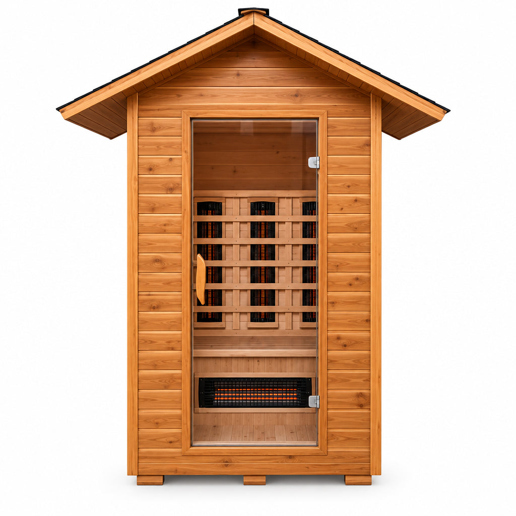 Front view of the Burlington with full glass door and shingled roof