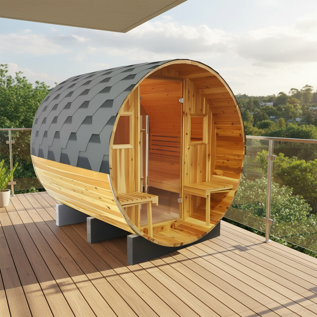 Sunray Saunas Sunray Oasis 2-4 Person Indoor/Outdoor Traditional Canopy Barrel Sauna on a modern balcony