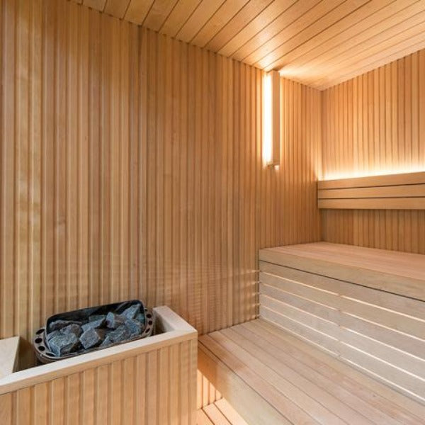 Auroom Libera Glass Cabin Sauna Kit inside view with heater
