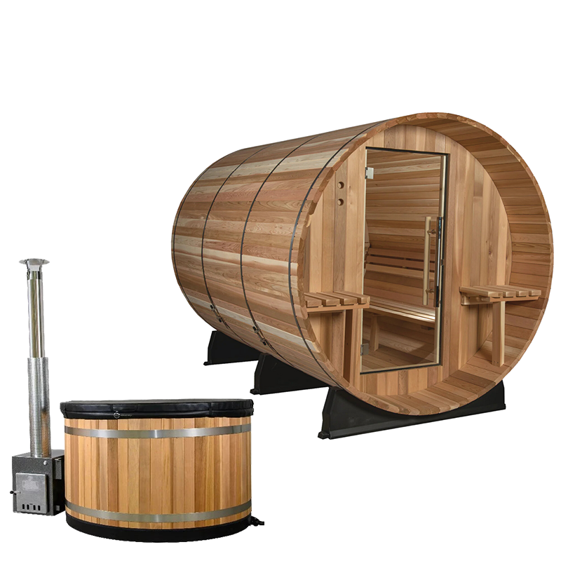 Almost Heaven Huntington 6 Person Barrel Sauna + Almost Heaven Kirami 4 Person Hot Tub