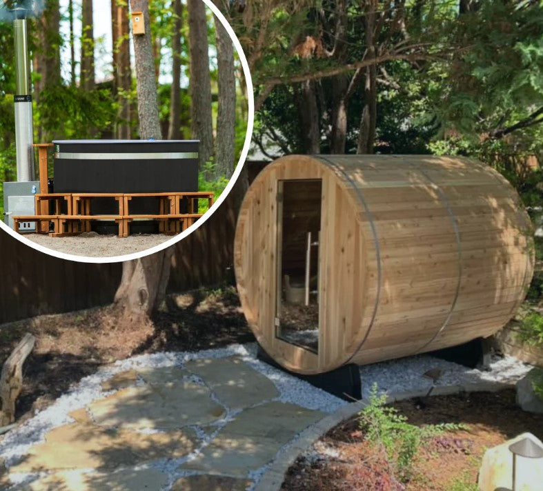 Almost Heaven Pinnacle 4 Person Barrel Sauna & Almost Heaven Serenity 4 Person Wood Fired Hot Tub