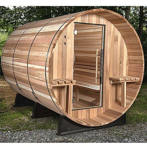 Almost Heaven Huntington Canopy Barrel 6 Person Sauna- front right viiew with background