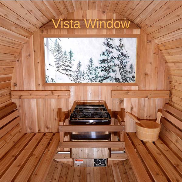 Almost Heaven Huntington Canopy Barrel 6 Person Sauna- inside view of vista window type