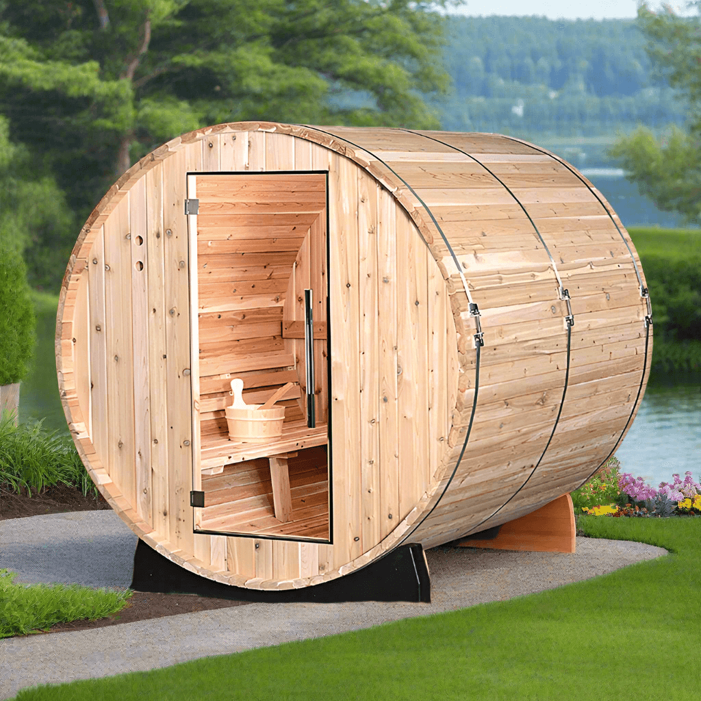 Almost Heaven Pinnacle 4 Person Barrel Sauna with Lake in the Background