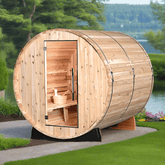 Almost Heaven Pinnacle 4 Person Barrel Sauna with Lake in the Background