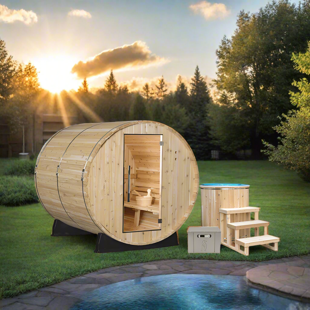 Almost Heaven Saunas and Cold Plunges Almost Heaven Pinnacle 4 Person Outdoor Barrel Sauna Detox Package
