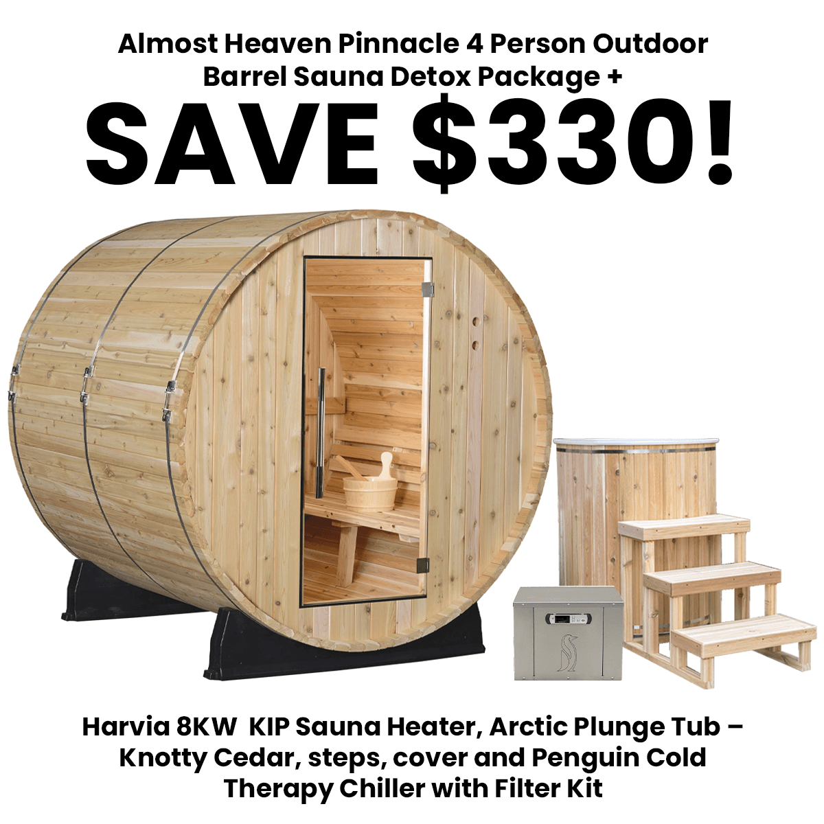 Almost Heaven Saunas and Cold Plunges Almost Heaven Pinnacle 4 Person Outdoor Barrel Sauna Detox Package