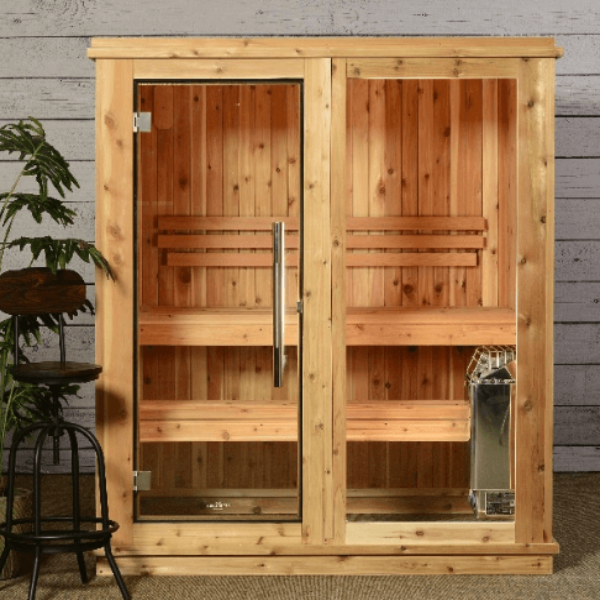 Almost Heaven Rainelle 4-Person Indoor Sauna facing left with a background