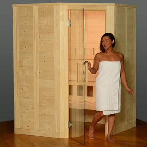 Almost Heaven Sutton 2 Person Indoor Sauna woman opening the door of the sauna 