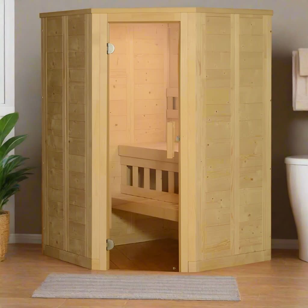 Almost Heaven Sutton 2 Person Indoor Sauna Wooden sauna in a room with a plant and toilet visible