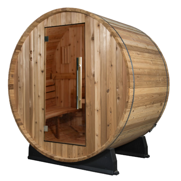 Almost Heaven Watoga 4-Person Standard Barrel Sauna facing left with white background