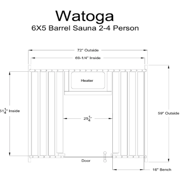 Specific dimensions for Almost Heaven Watoga 4-Person Standard Barrel Sauna