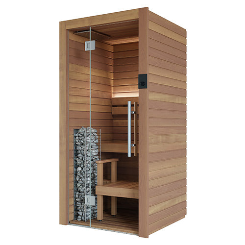 Wooden sauna with glass door on a white background sideview
