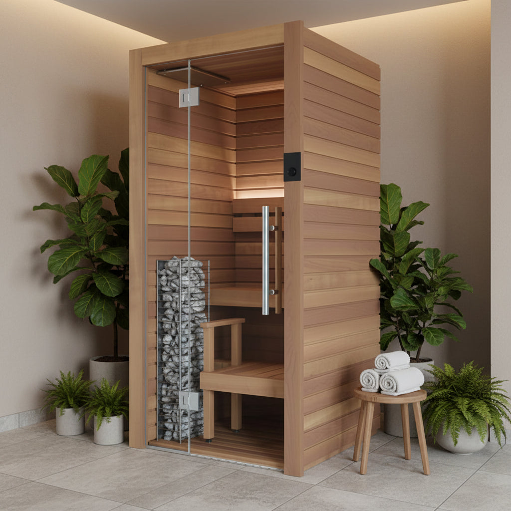 Wooden sauna with glass door on a white background sideview