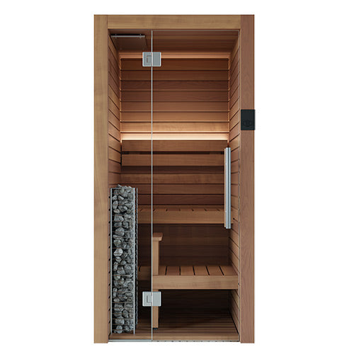 Wooden sauna with glass door on a white background