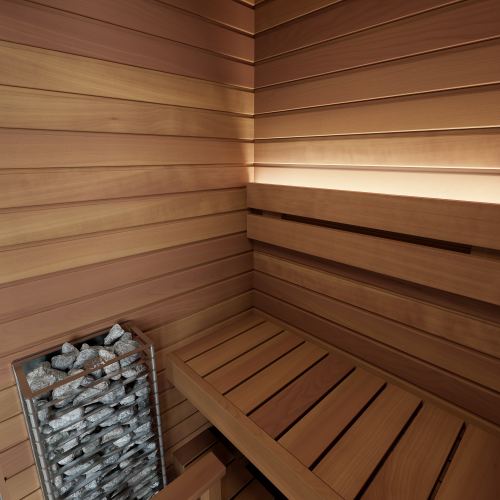 Wooden sauna interior with a bench and sauna heater.