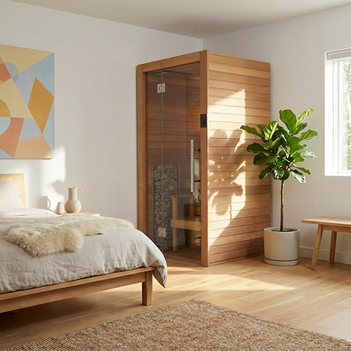 Auroom Cala Glass Mini Sauna Kit -Thermo-Aspen in a Modern bedroom with wooden bed and plant.