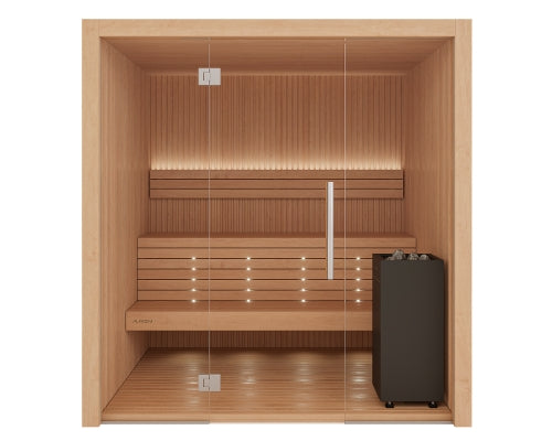 Wooden sauna with glass door and black electrical panel on a white background