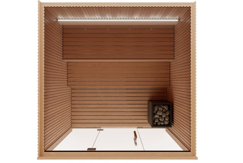 Wooden sauna with a white interior and a small shelf.