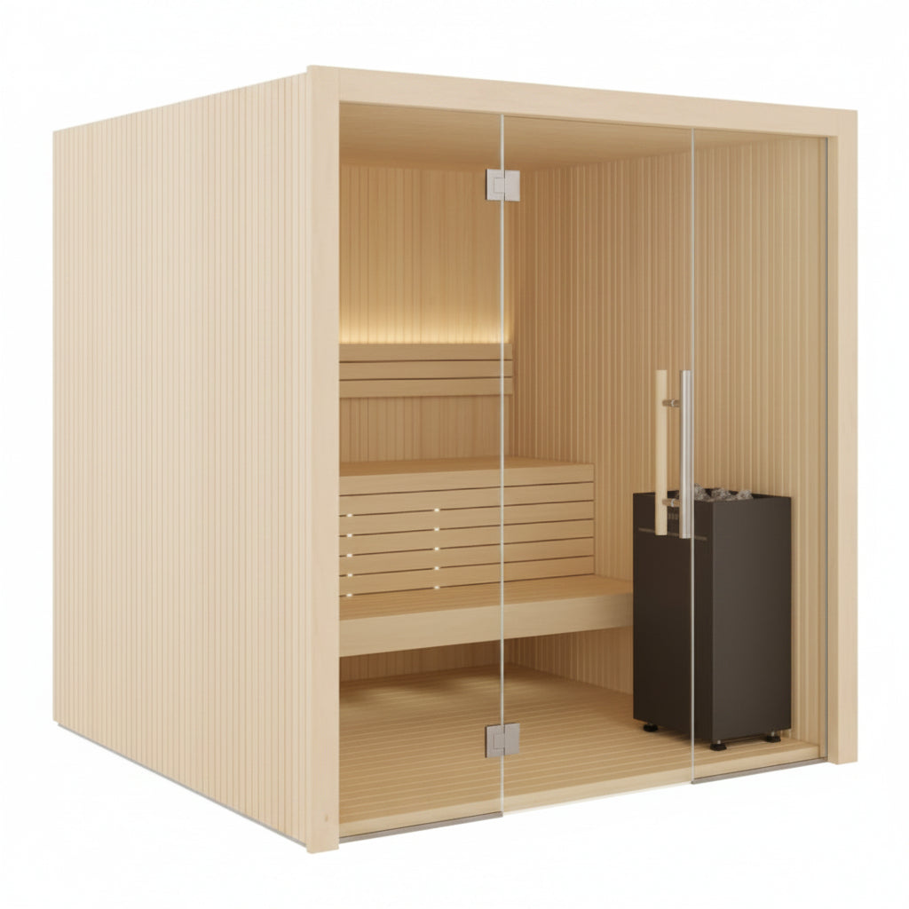 White background with a wooden sauna in a glass door