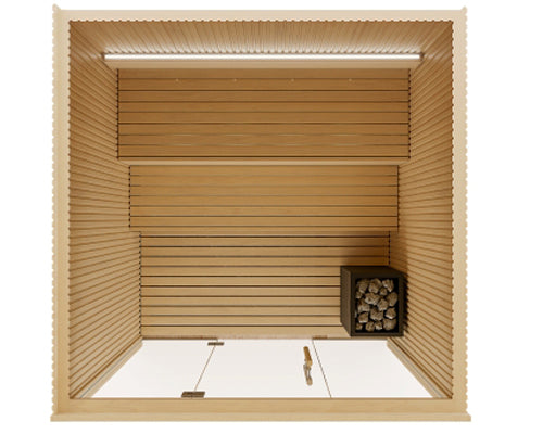 Top-down view of a wooden sauna interior with tiered wooden benches, a wood-burning stove, and a glass door on a white background.