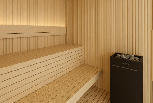 Black heater in wooden interior sauna