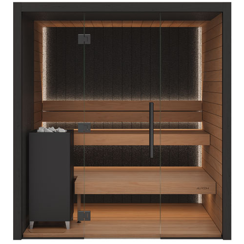 Auroom Vulcana a modern wooden sauna cabin with glass doors, featuring light wood benches, a dark textured interior back wall, warm LED lighting, and a black towel holder on the left.
