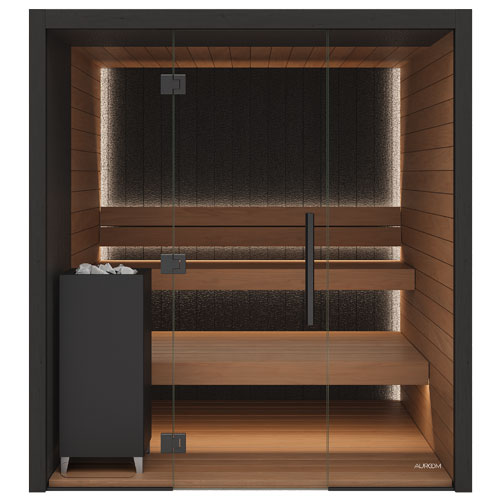Auroom Vulcana A modern sauna cabin with wood-paneled walls and shelves, interior LED lighting, and a black freestanding stone heater on a white background.