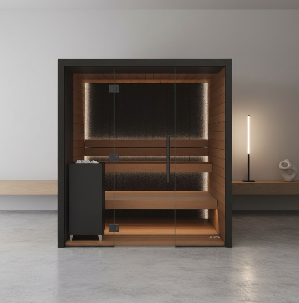A modern glass-front indoor sauna with wooden benches, black side cabinets, and warm ambient lighting, shown in a minimalist interior setting.