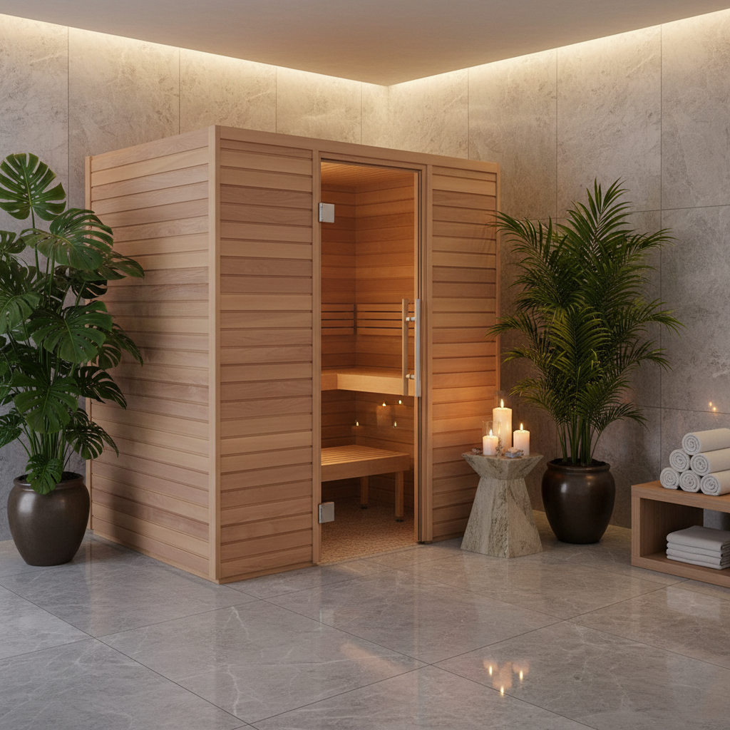 A wooden indoor sauna with an open door, set in a spa-like room with gray stone walls and floor, flanked by potted green plants and candles.